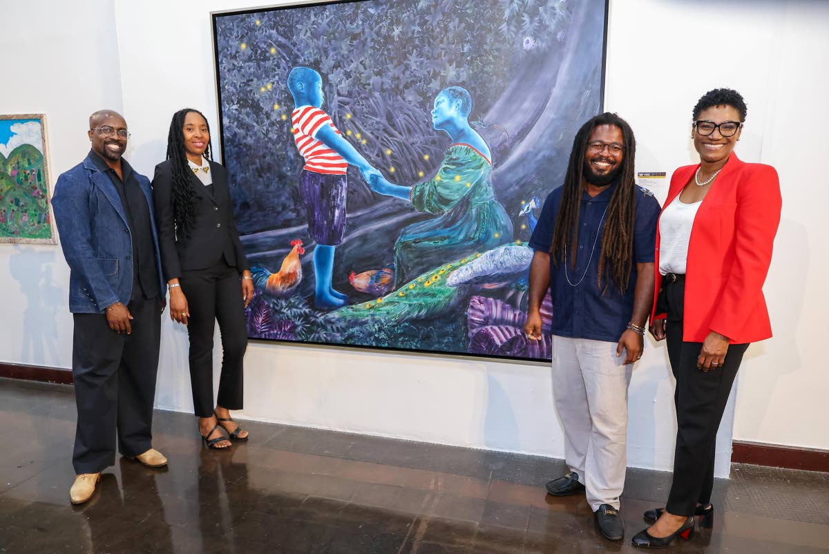 From left: O’Neil Lawrence, chief curator, NGJ; Dr Nadine Boothe-Gordon, senior director, NGJ, Richard Nattoo, visual artist; and Audrey Tugwell Henry, president and CEO, Scotia Group Jamaica, gather in front of Nattoo’s ‘The Majician’s Arrival’.