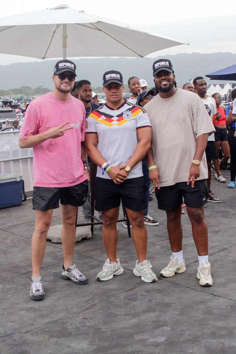Joining in on the vibes at Caymanas Park are (from left) Adam Fernandez, Theon Davy, and Shaquille Blake, directors of Fete Republic.