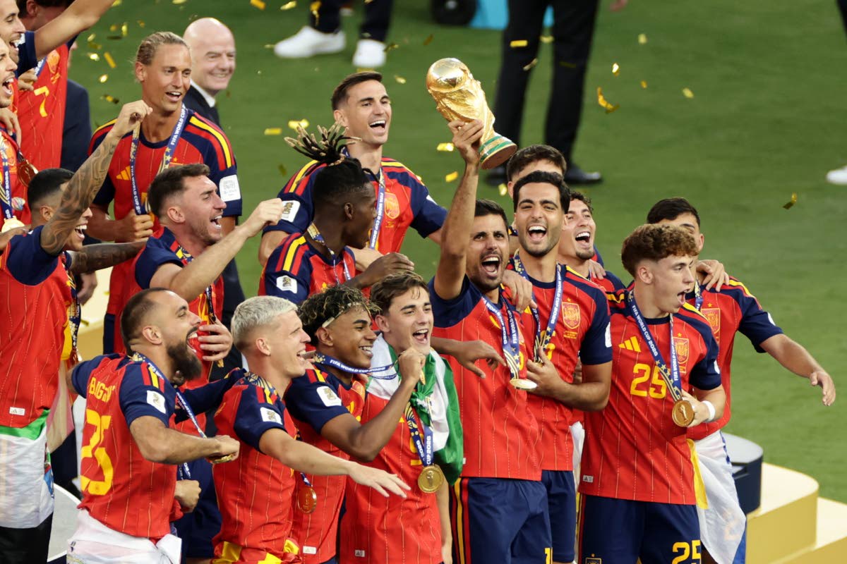 Members of the Spain national team celebrate winning the World Cup in New York.