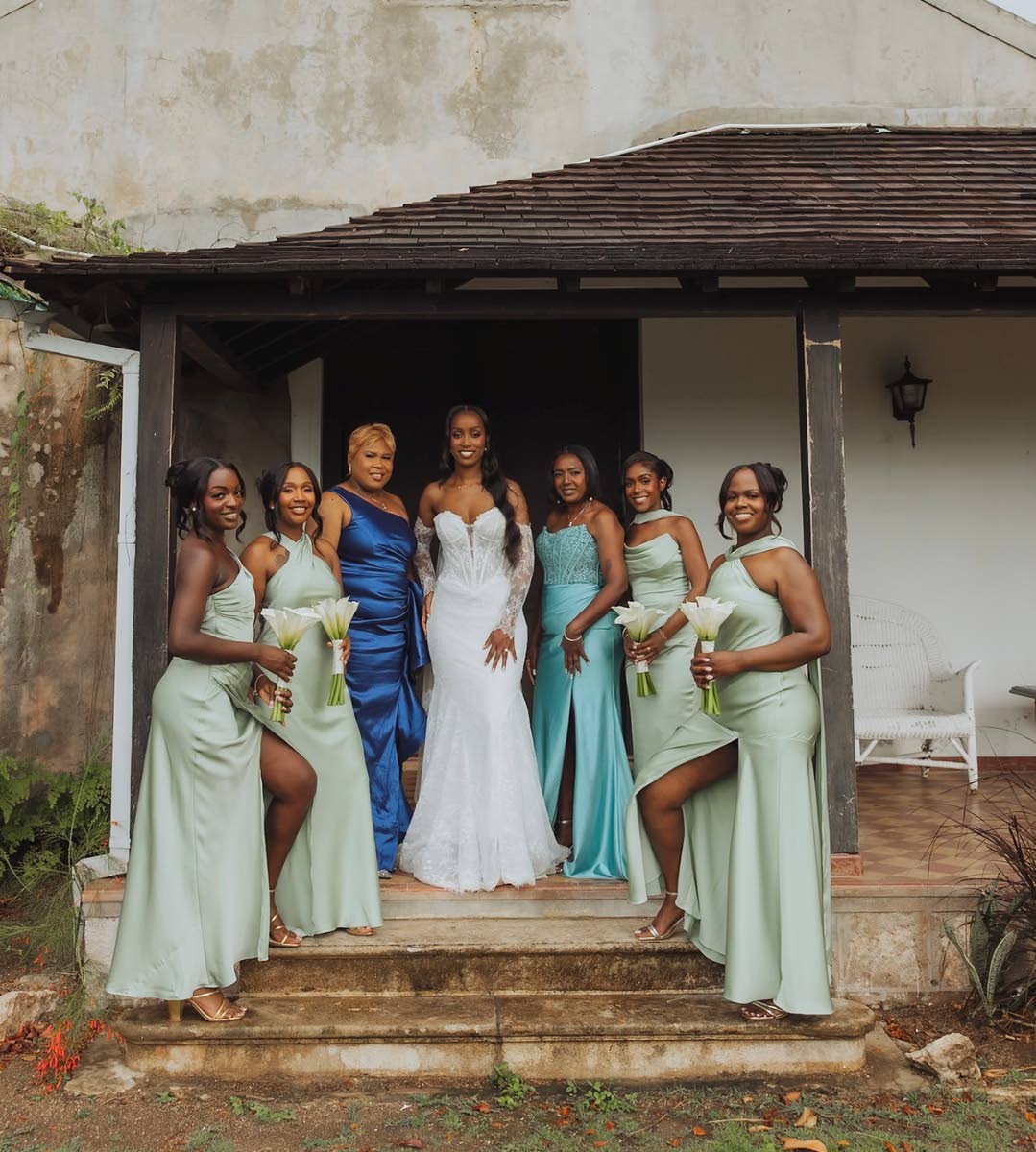 The bride, Krisann Simpson (centre), is flanked by her bridal party, mother and mother-in-law. They are (from left): Brittney Forbes, sister of the bride; Christina Rankine; Jennifer Simpson, mother of the groom; Nadine Singh, mother of the bride; Isani Ke