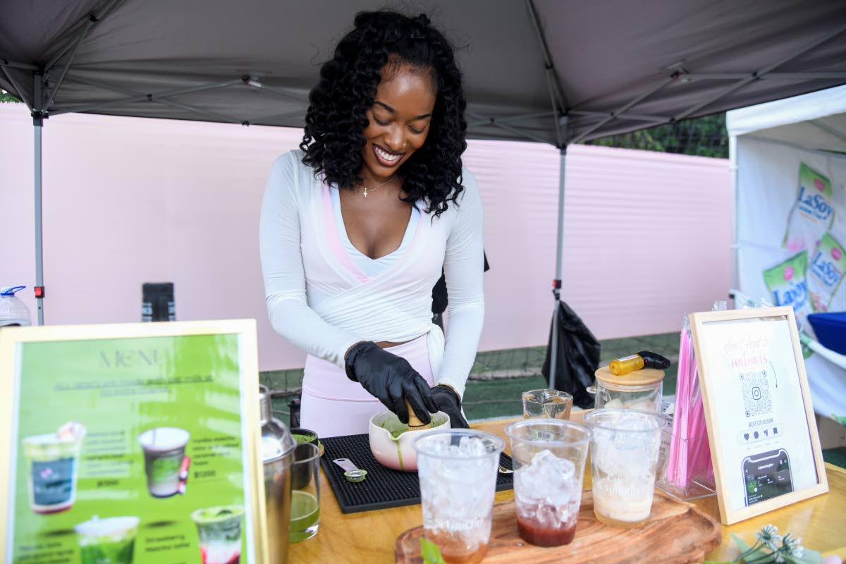 Brown happily prepares a matcha trifecta for patrons at Pilates Under the Lights to savour.