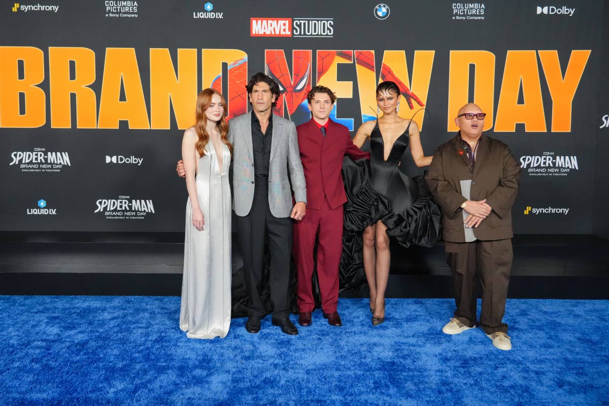 From left: Sadie Sink, Jon Bernthal, Tom Holland, Zendaya, and Jacob Batalon pose on the blue carpet at the premiere of ‘Spider-Man: Brand New Day’ on Monday at the Dolby Theatre in Los Angeles.
