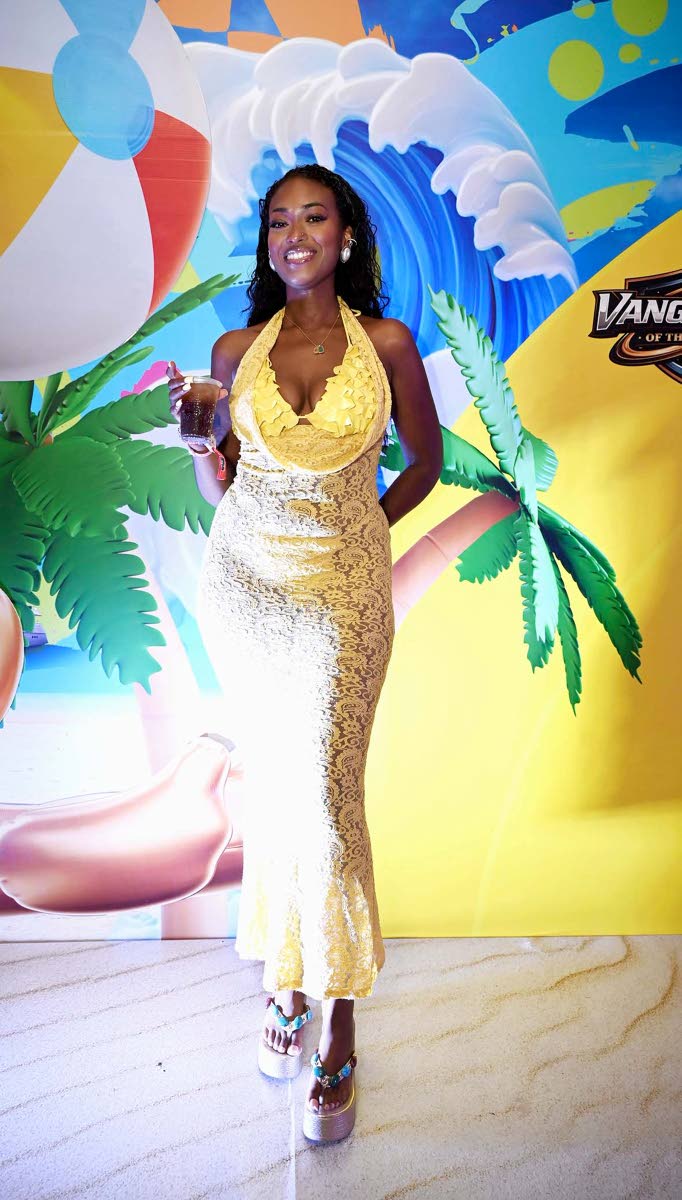 Left: London-born Monet Higgins brightens the night in a yellow lace halter maxi dress paired with matching swimwear during her seventh Dream Weekend.