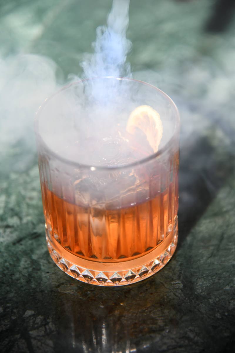 The old fashioned: Jack Daniel’s whiskey, served on a large cube of ice.