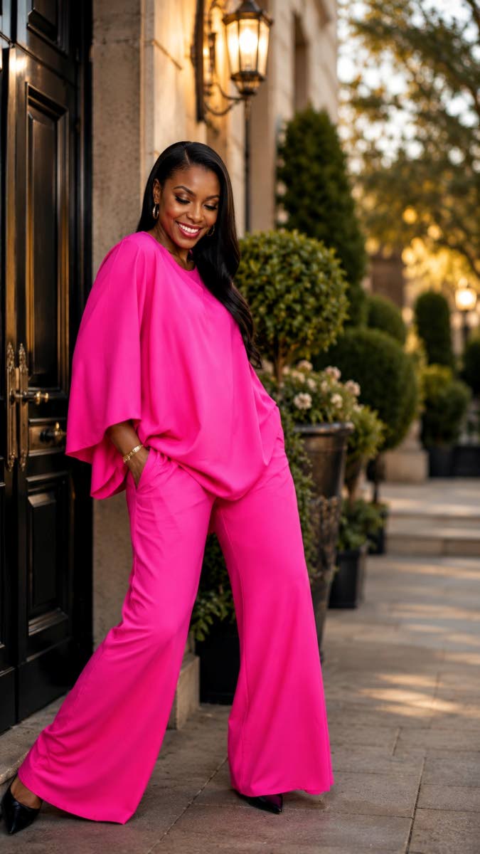 A hot pink wide-leg pants set by Courtney Washington.