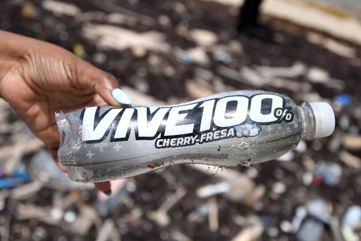 A plastic drink bottle washed ashore in St Thomas.