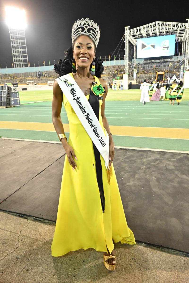 Left: Christina Williams, Miss Jamaica Festival Queen 2026, makes a regal official appearance in a black-and-yellow maxi dress, accessorised with a Jamaican flag-coloured brooch.