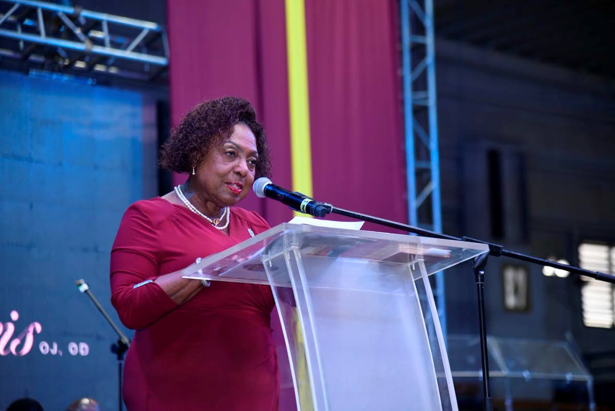 Sport Minister Olivia Grange speaking at the funeral of late track and field coach Stephen Francis at the National Indoors Sports Centre in St Andrew on August 15, 2026.