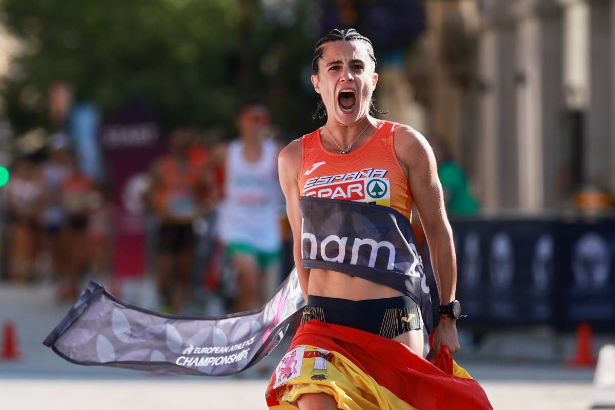 Spain’s María Pérez wins the women’s half marathon walk at the European Athletics Championships in Birmingham, England, yesterday.