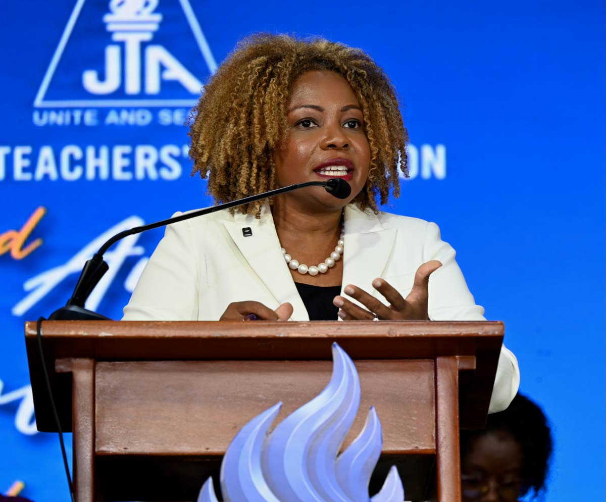 Dr Dana Morris-Dixon, minister of education, skills, youth and information, addresses the delegates at the third and final day of the Jamaica Teachers’ Association’s 62nd annual conference at the Ocean Coral Spring Hotel in Trelawny yesterday.