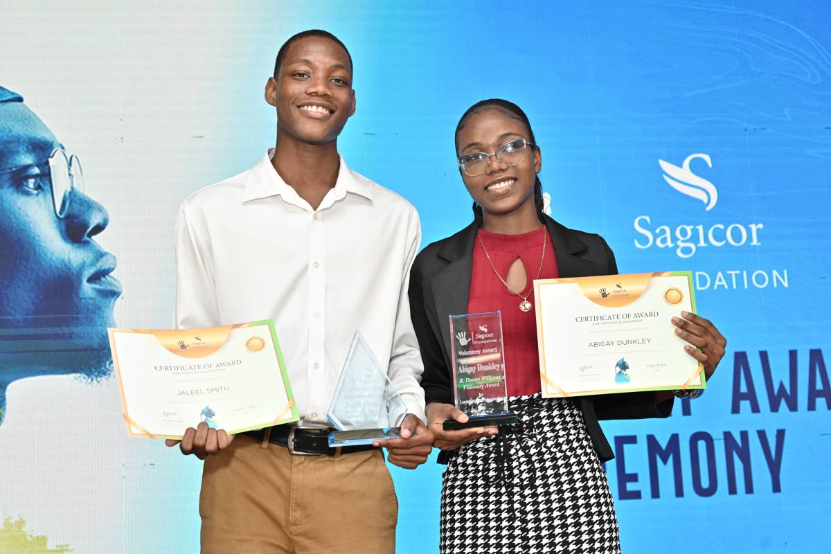 Jaleel Smith, recipient of the Chairman’s Innovation Award; and Abigay Dunkley, who was presented with the R. Danny Williams Visionary Award for Leadership and Volunteerism at the Sagicor Foundation Jamaica Scholarship Awards Ceremony at Sagicor Group Ja