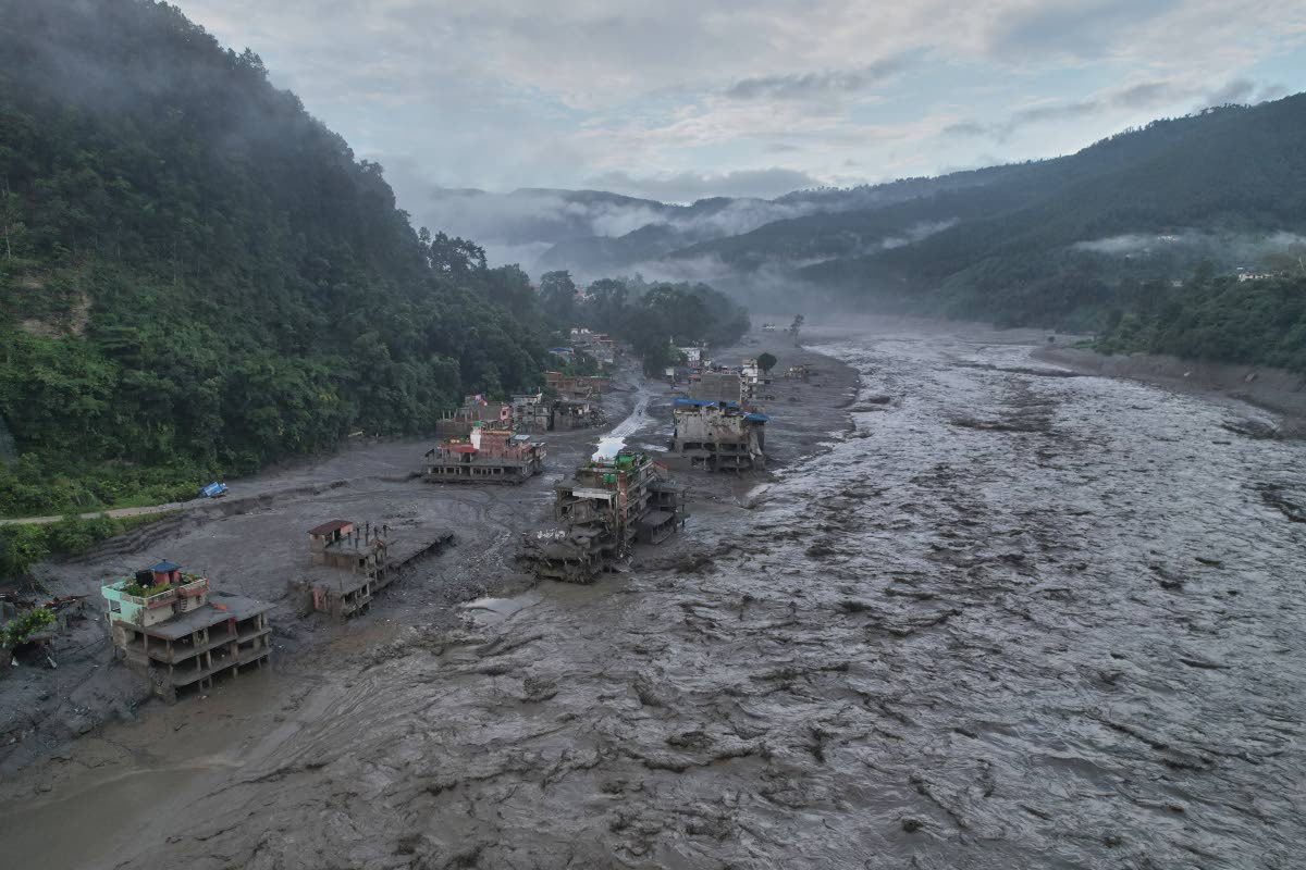 A drone view of the aftermath of flash flooding along the Trishuli river amidst fresh water surge warning in the Trishuli Bazaar area of Nuwakot district, Nepal.