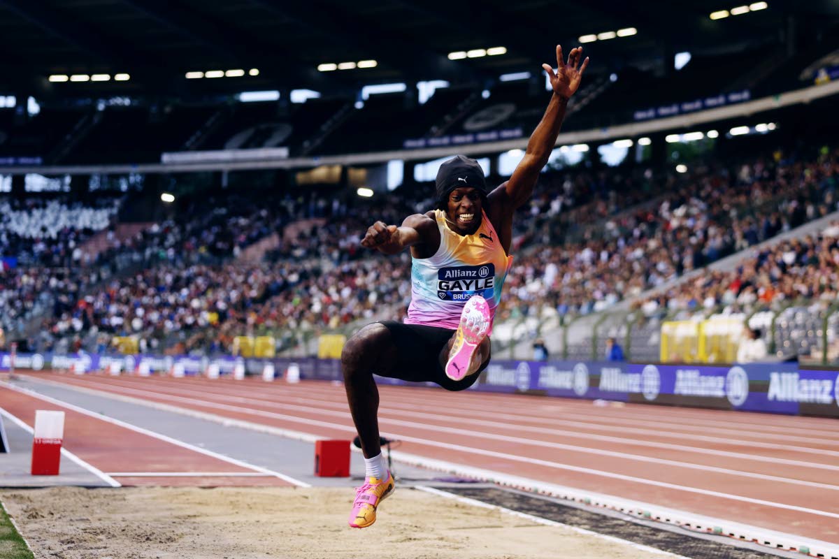 Jamaica’s Tajay Gayle in action in the men’s long jump in Brussels yesterday. Gayle won the event with a season’s best 8.46 metres.