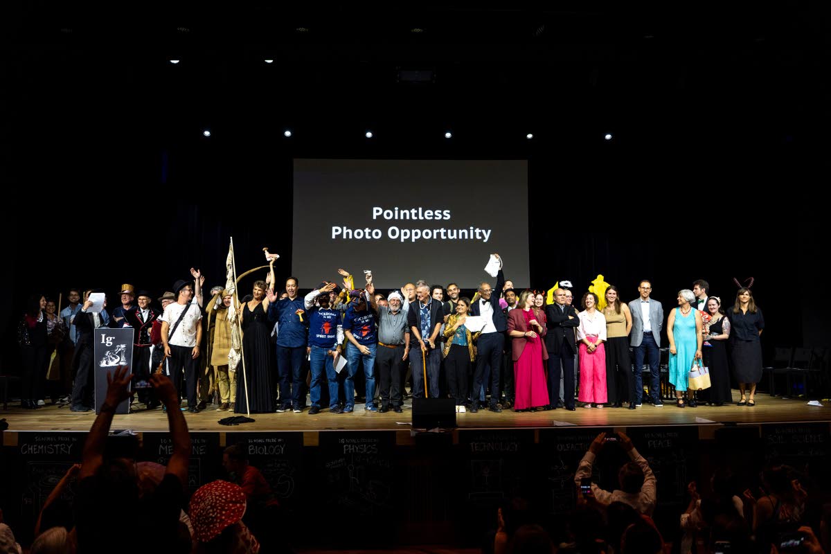 The winners of the Ig Nobel Prize pose for a group picture during the ceremony held in the Zurich Convention Center in Zurich, Switzerland, last Thursday.
