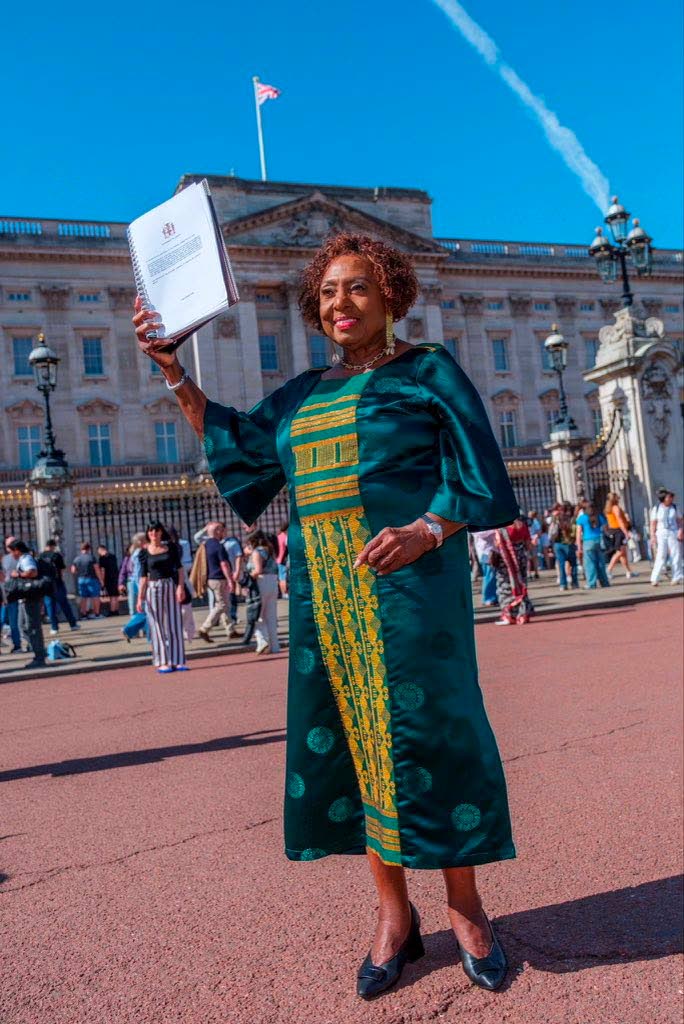 Culture Minister Olivia Grange with Jamaica’s reparations petition to King Charles outside Buckingham Palace in the United Kingdom on September 7, 2026.