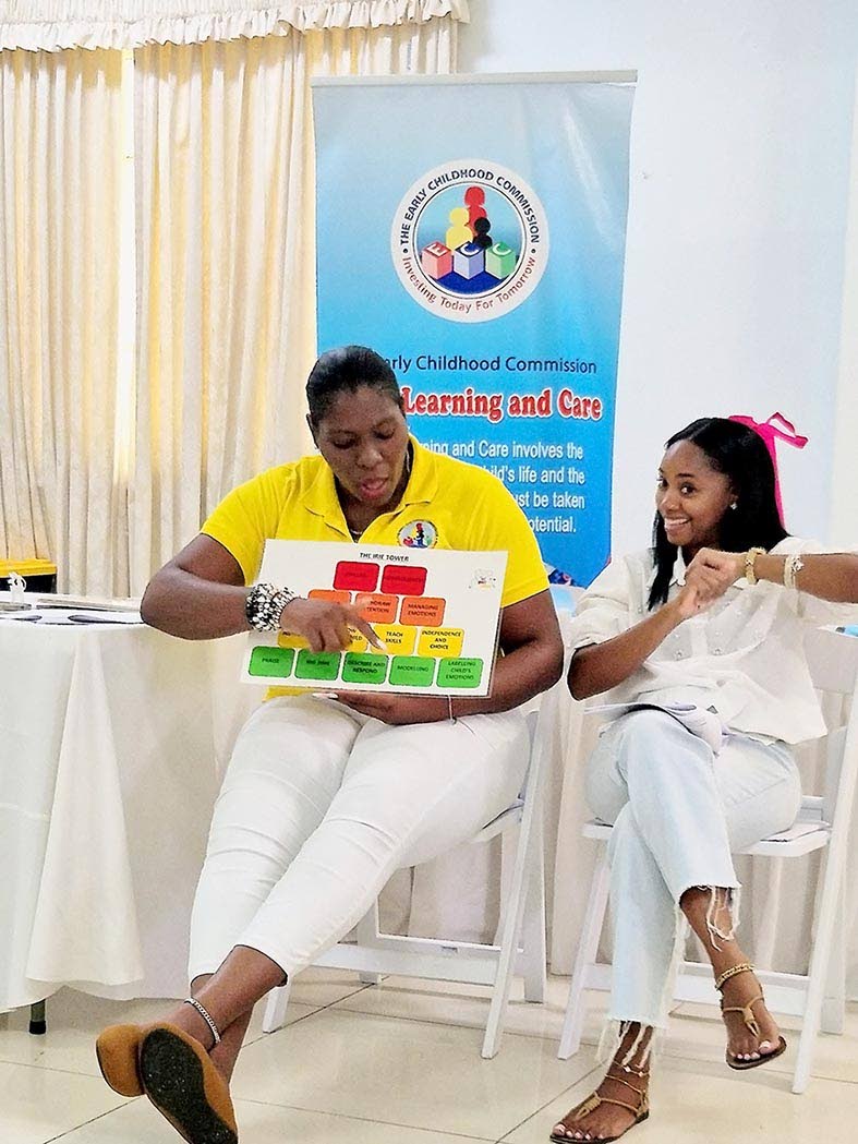ECC officers participate in an Irie Tower exercise during Irie Homes Toolbox training, exploring positive, non-violent strategies to support children’s behaviour and development.