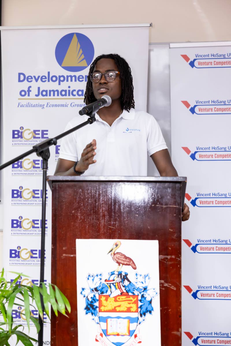 Akeem Hutchinson, founder of Sapphire OS and a first-place winner of the 2025 Vincent HoSang UWI Venture Competition, addresses prospective participants. 