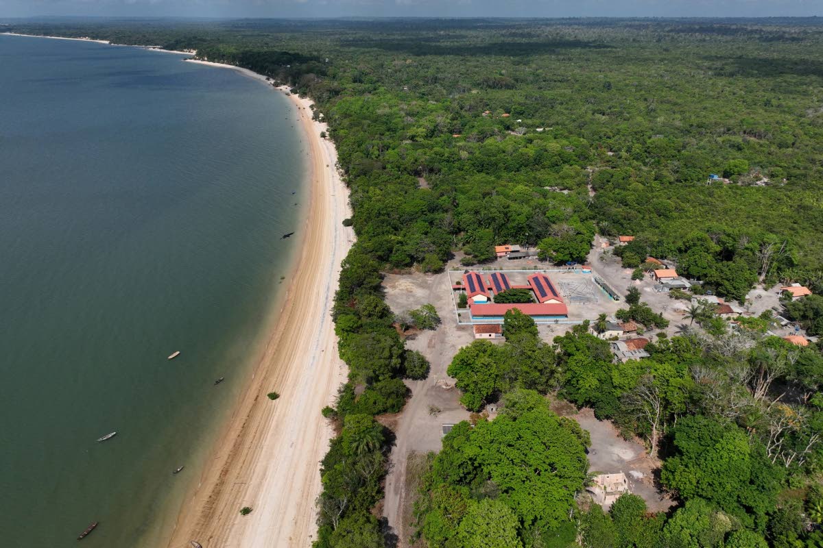 The Sao Benedito School, powered by solar panels on the roof, sits on the banks of the Tapajos River near Santarem, Para state, Brazil.