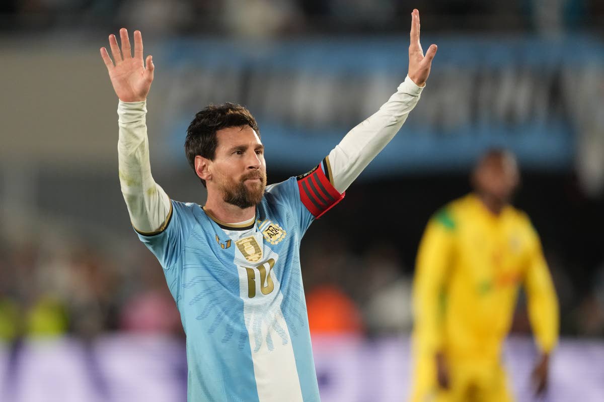 Argentina's Lionel Messi celebrates after scoring his side’s third goal from the penalty spot during his final match for the national team, a soccer friendly against Benin, in Buenos Aires, Argentina, Tuesday, Oct.6, 2026. (AP/Photo/Gustavo Garello)