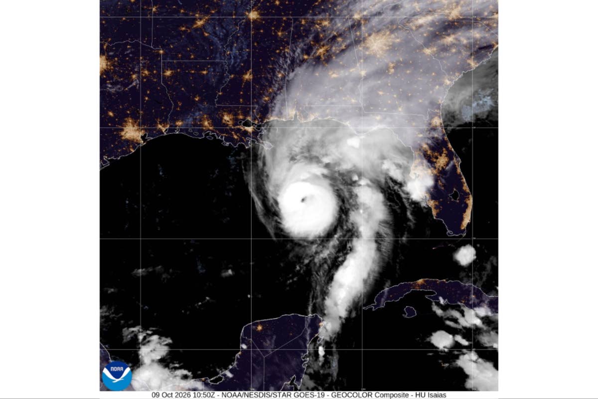 This satellite image from the National Oceanic and Atmospheric Administration shows Hurricane Isaias in the Gulf of Mexico, Friday, Oct. 9, 2026. (National Oceanic and Atmospheric Administration via AP)