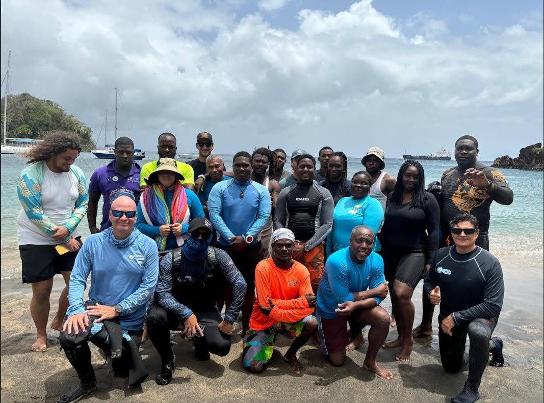 Participants pause for a photo after a successful day of Reef Emergency Response Training in St Vincent and the Grenadines. 