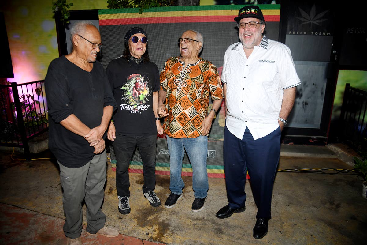 From left, Robbie Lyn, who played on for of Peter Tosh’s albums and toured the world with him; Wayne ‘Native Wayne’ Jobson; former politician and academic Dr Omar Davies; and Opposition Leader Mark Golding. 