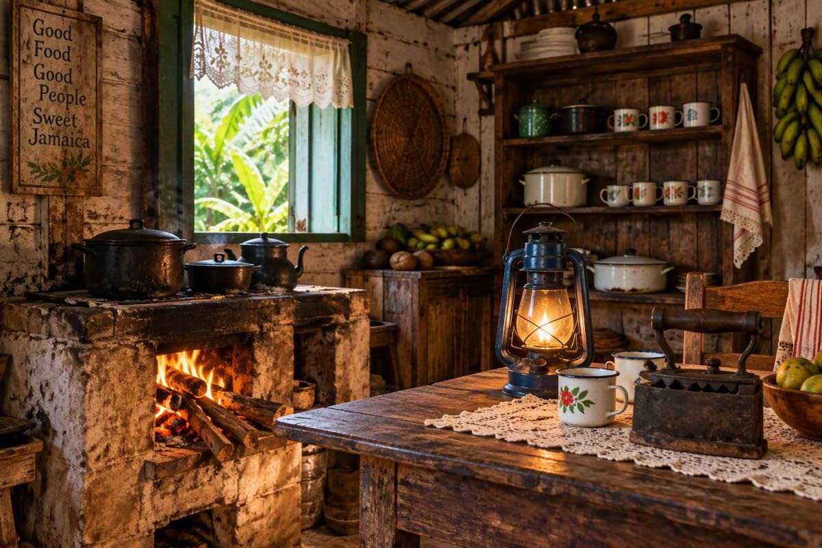 Representational image of old time Jamaican kitchen generated by Microsoft Copilot