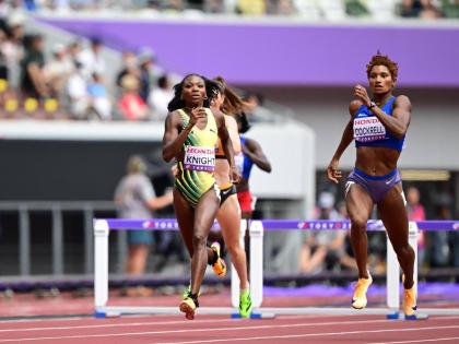 Jamaica’s Andrenette Knight competes in the heats of the women's 400m hurdles at the World Athletics Championships in Tokyo, Japan on September 15, 2025. 