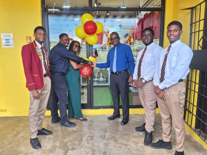 From left: Jherron Hylton, president of the Cornwall College Student Council Association; Dr Richard Meggo, chairman of the Cornwall College school board; Michelle Sterling, bursar; Michael Ellis, principal of Cornwall College; Jordan Forrester, deputy hea