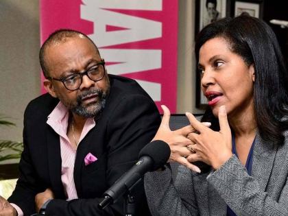 Director of Tourism,  Donovan White (left), looks on as Chair of the Jamaica Product Exchange (JAPEX) Planning Committee, Nicola Madden-Greig, responds to a question, during the launch of JAPEX 2025 on Monday, September 15 at the Jamaica Tourist Board (JTB