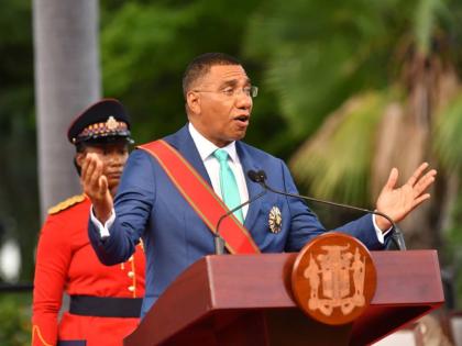 Prime Minister Dr Andrew Holness delivering his address after taking the Oath of Office at his swearing-in at King's House on September 16.