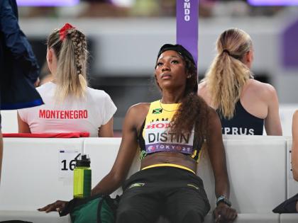 Lamara Distin slumps in her seat upon recognising that her World Athletics Championships experience was over after she failed to negotiate her opening height in the high jump inside the Japan National Stadium in Tokyo earlier today. 