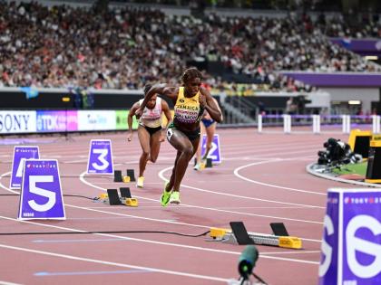 Shiann Salmon leaves the blocks for the 400-metre hurdles final at the World Athletics Championships inside the Japan National Stadium earlier today.