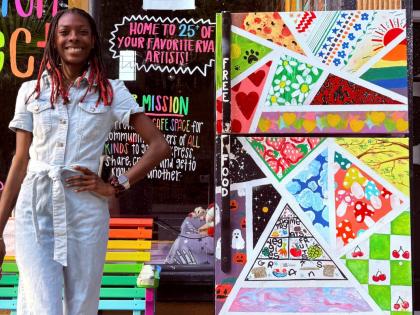 Taylor Scott, founder of RVA Community Fridges, poses with one of her fridges on E. Main Street in Richmond on Sunday, September 14, 2025.