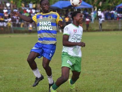 Rusea’s High’s Omarion Jemmison (left) jumps to head the ball during a battle with Frome Technical High’s Romario Clarke in their Zone B daCosta Cup match at the Collin Miller Sports Complex on Tuesday, September 16, 2025.