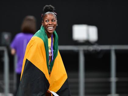 Shericka Jackson celebrates a bronze medal in the women’s 200 metres final on day seven of the 2025 World Athletics Championships in Tokyo, Japan. Jackson placed third with a time of 22.18 seconds. 