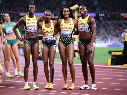 From left: Jamaica's 4x400-metre women, Dejanea Oakley, Nickisha Pryce, Stacey-Ann Williams, and Roneisha McGregor paint a relaxed picture after winning their World Athletics Championships heat in Tokyo, Japan today.