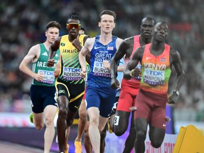 Navasky Anderson (second left) competes in the men’s 800-metre final at the World Athletics Championships in Tokyo, Japan yesterday.