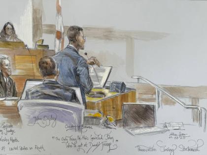 This courtroom sketch shows US District Judge Aileen Cannon listening as prosecutor Christopher speaks during the trial of Ryan Routh, at left, who is charged with attempting to assassinate Donald Trump last year at a golf course in South Florida, Tuesday,