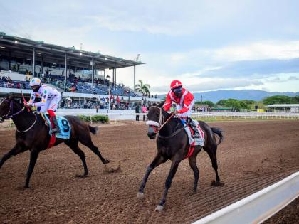 UNSPUN (left), ridden by Richie Shakes, wins the ninth race over six furlongs ahead of UNBELIEVABLE FORCE (Tajay Suckoo) at Caymanas Park on Saturday, May 3, 2025.