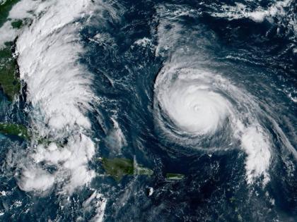 This GOES-19 GeoColor satellite image taken Sunday, September 28, 2025 and provided by NOAA, shows weather systems in the tropical Atlantic Ocean. (NOAA via AP)