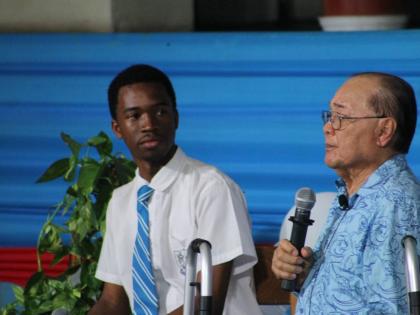 Ricardo Ellis (left), deputy headboy of St George’s College, takes part in a question and answer session with Philip Wong.