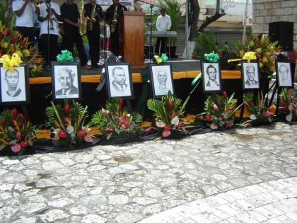 File 
In this file photo portraits of Jamaica’s National Heroes are seen at Sam Sharpe Square in Montego Bay. From left are: Paul Bogle, Sir Alexander Bustamante, Marcus Mosiah Garvey, Nanny of the Maroons, George William Gordon, Norman Washington Manley
