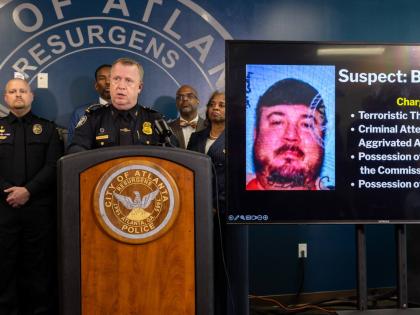 Atlanta Police Chief Darin Schierbaum speaks during a press conference at the Atlanta Police Department headquarters in Atlanta on Monday, October 20, 2025, regarding a Cartersville man, Billy Cagle, who threatened to "shoot up" the airport. (Arvin Temkar/