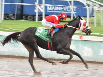SUPERNATURAL POWER, ridden by Dick Cardenas, wins the Viceroy Trophy over a mile at Caymanas Park yesterday. 