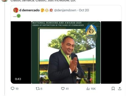 The October 20 post was in reply to Burton’s comment on a post by an X user showing Tufton after he received the national honour, the Order of Distinction (Commander), at a ceremony on Monday.