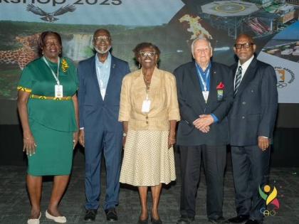 From left: Caribbean Association of National Olympic Committees (CANOC) honorees Veda Bruno Victor, Don Anderson, Catherine Ford, Steve Stoute and President of CANOC Keith Joseph at the organisation’s 23rd General Assembly in Guyana.