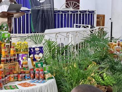 Foods to be packaged and distributed by the Jamaica Union Conference of Seventh-day Adventists across the island in observance of World Food Day are placed on display at the Port Maria Seventh-day Adventist Church in St Mary on Tuesday.