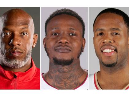 From left  Portland Trail Blazers head coach Chauncey Billups, Miami Heat guard Terry Rozier, and former Cleveland Cavaliers’ player Damon Jones. 