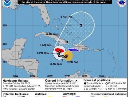 The cone of the probable path of Hurricane Melissa, provided by the United States' National Hurricane Center at 1 p.m. on October 25, 2025. 